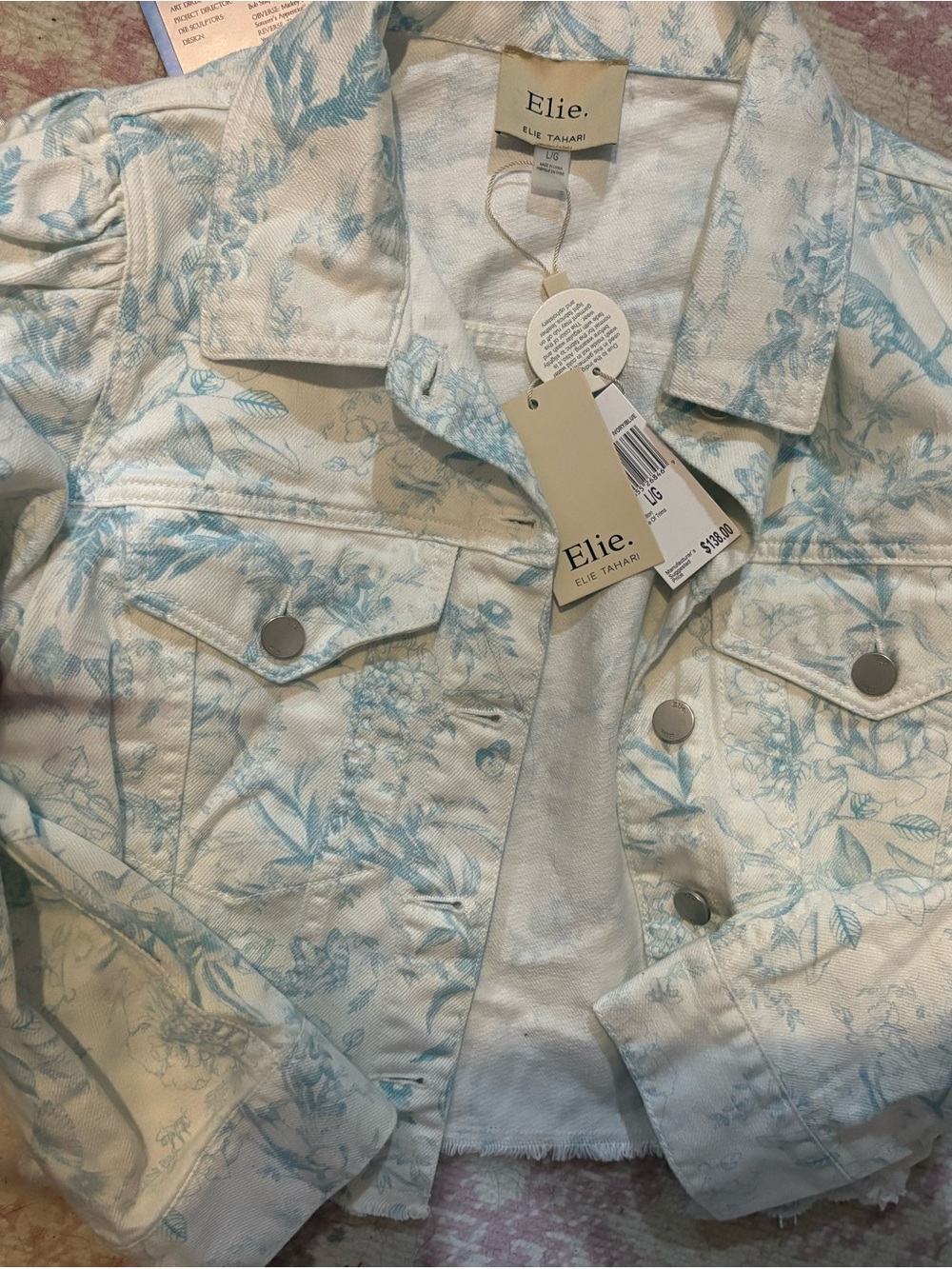 Elie Tahari Cream and Pale Blue Floral Denim Jacket